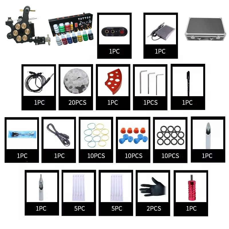 Tattoo Student  kits  With 1Coil Tattoo Guns 1mini Power Supply  7 ink  colors Complete Tattoo Set