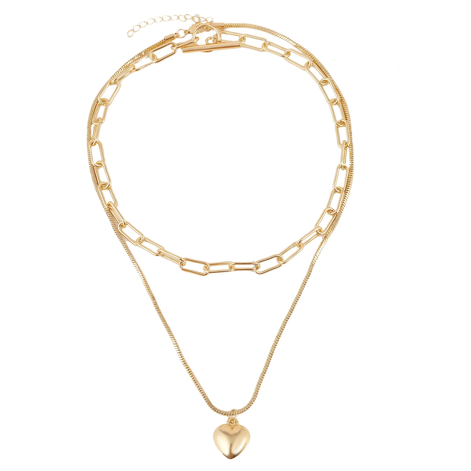 Luxury Layered Multi Layer Choker Gold Plated Heart High Polished Pendant Toggle Clasp Double necklace for Women