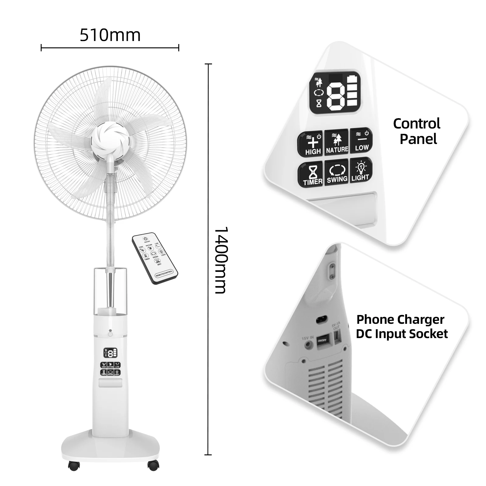 Mist Spray Rechargeable Cooling Stand Fan 18 Inch With Led Light and remote