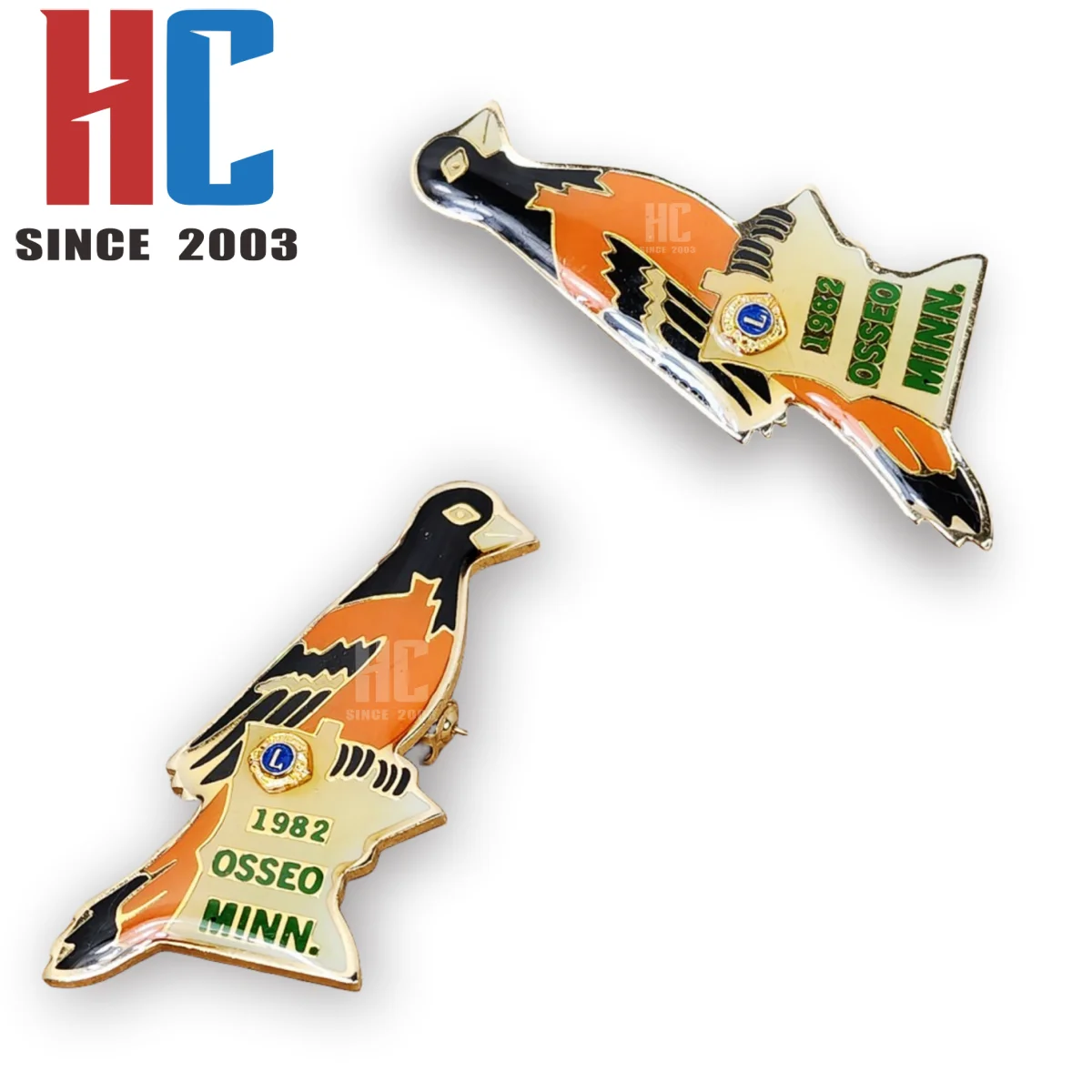 20 Years  Factory Custom Lions Club International 1992 Hong Kong Convention MD 16 Enamel and Gold Tone Bluebird Double Lapel Pin