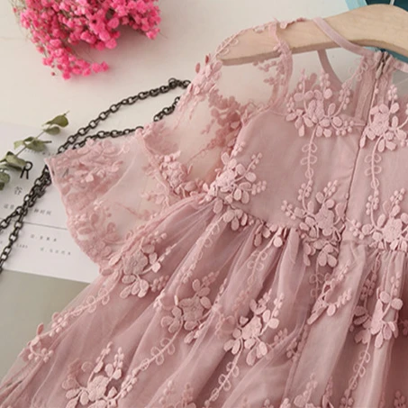 6106 Summer Toddler Kids Baby Girls Lace Flower Long Sleeve Dress Princess Wedding Party Embroidered Dress