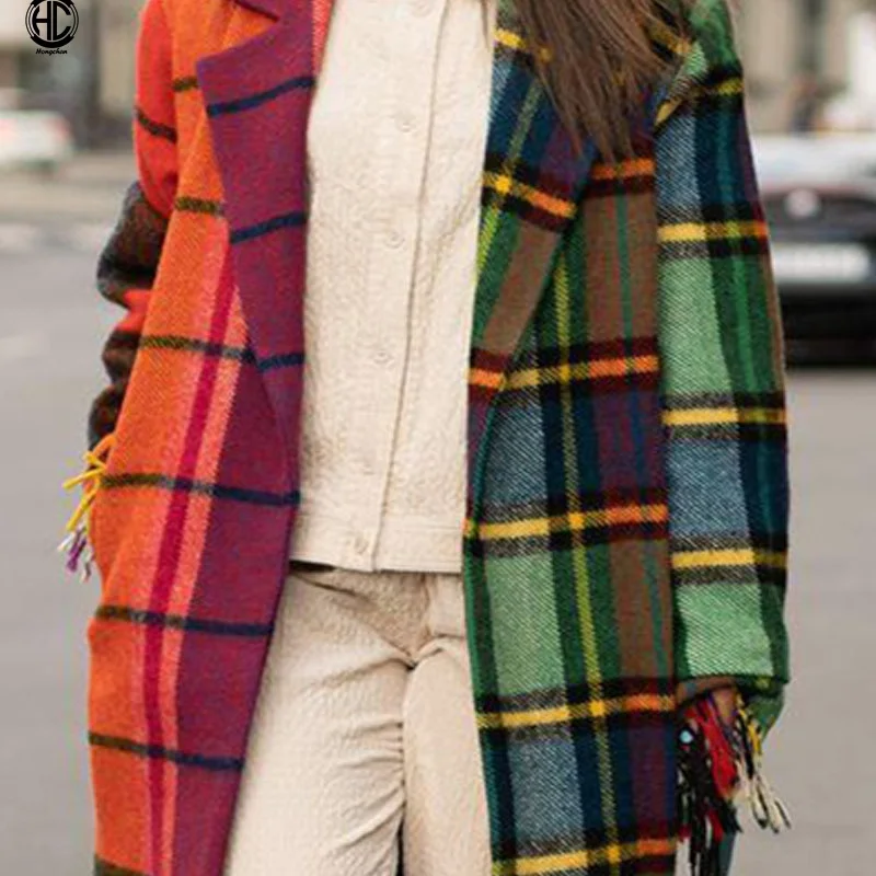 2022 famous brand design luxuries turn-down collar tassel long lady jacket blocking plaid loose cardigan woolen coats