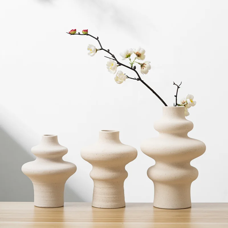 Light Luxury High-quality Home Decor Circular Flower Vase White Tower Shaped Ceramic 3-piece Vase Set For office Hotel Wedding