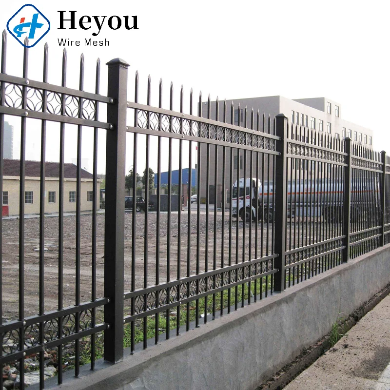 Customized Outdoor Garden Iron Picket Fence Zinc Steel Metal Fencing With Post Caps