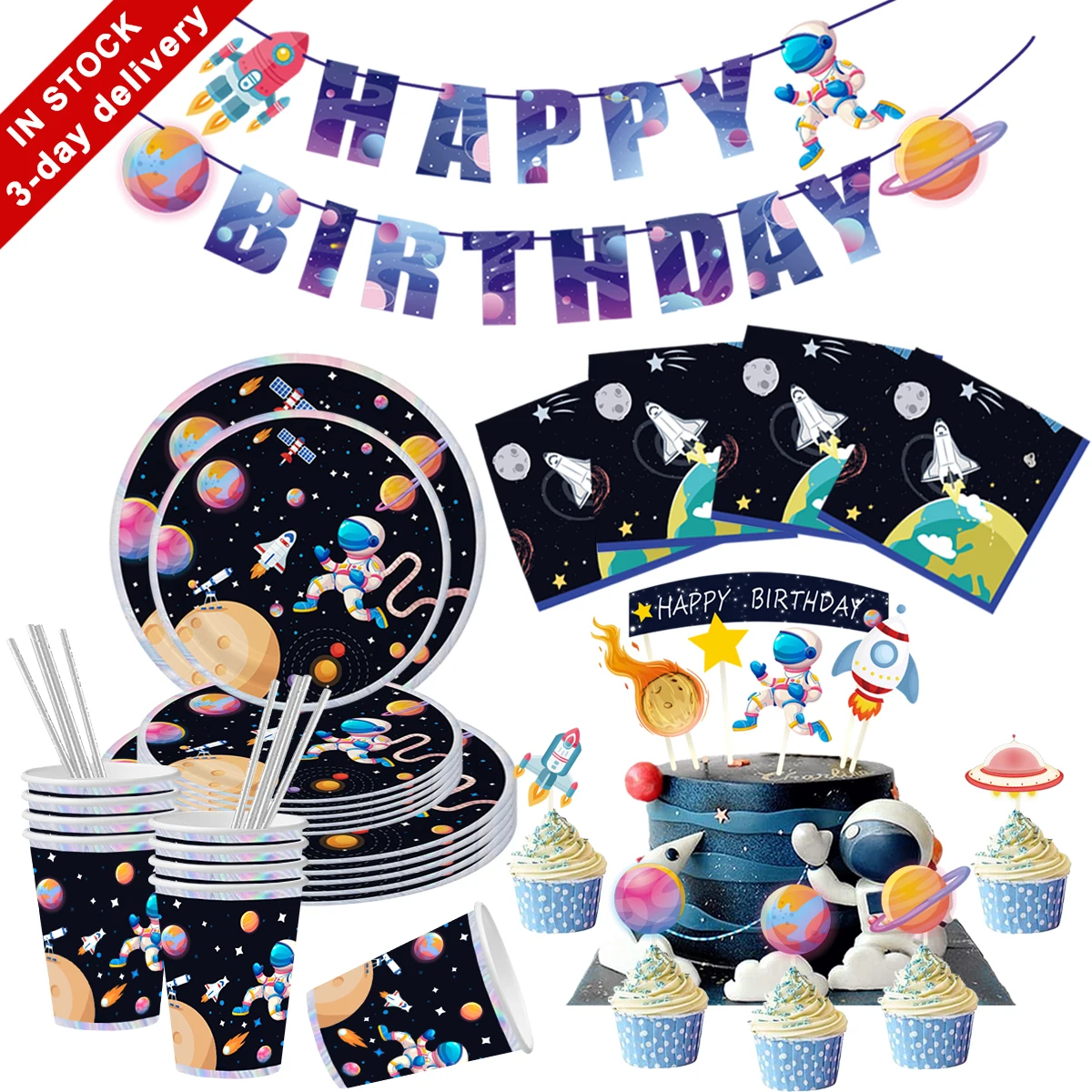 Nicro Outer Space Astronaut Spaceman Theme Party Supplies Banner Kids Baby Boy Birthday Party Tableware Supplies Kit Set