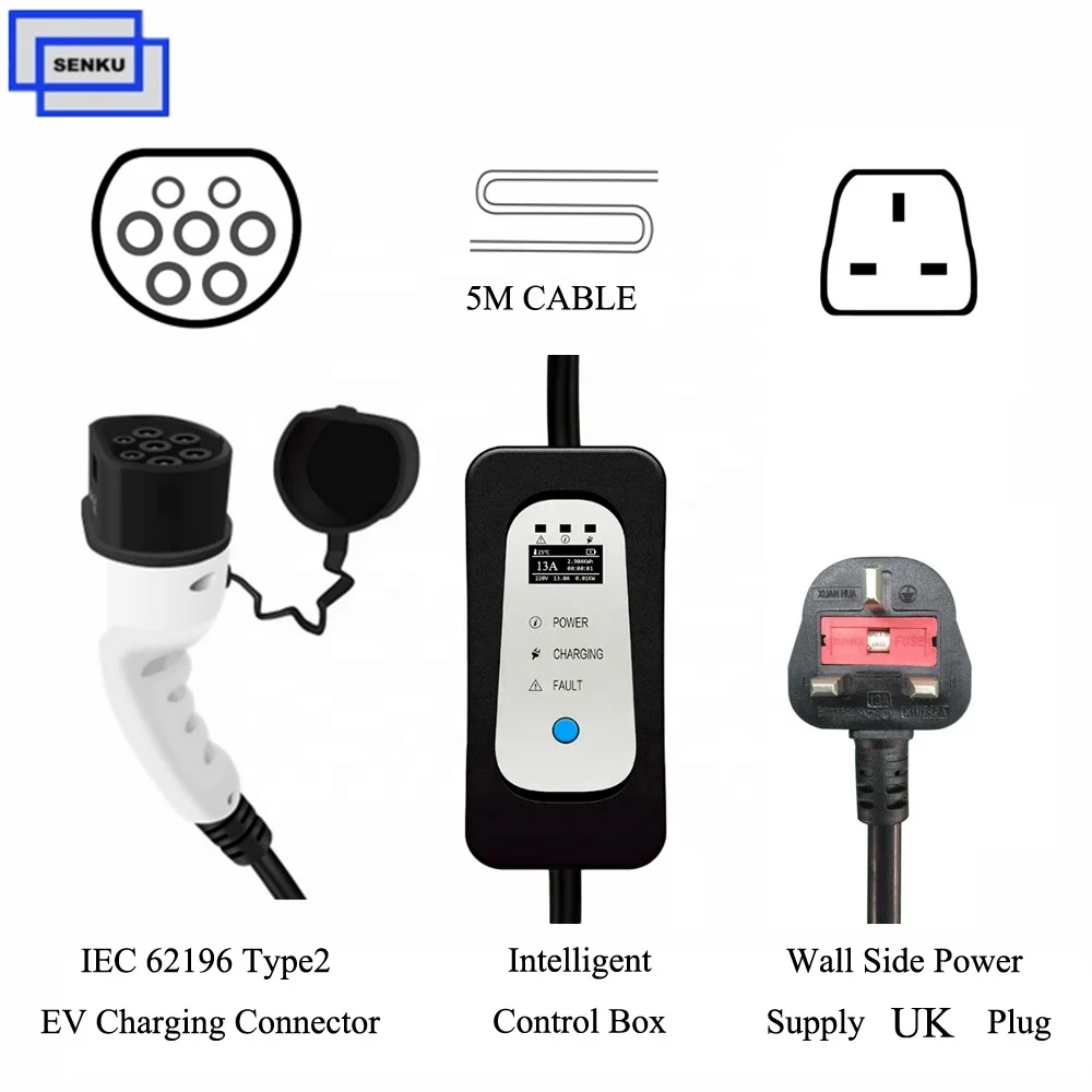 EV fast charging Type2 electric vehicle charger UK plug 8A 10A 13A adjustable Level 2 ev battery charger