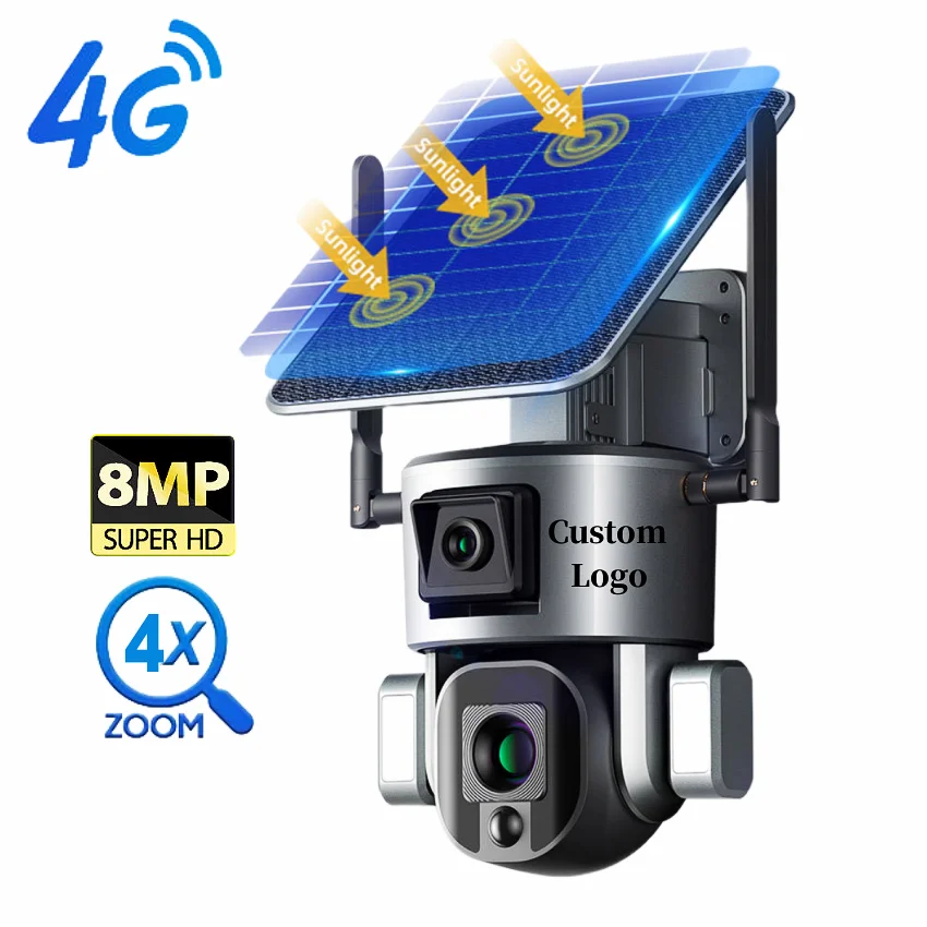 Custom Logo 8MP 4G 4X ZOOM PTZ Solar Powered Security System Dual Lens 4G SIM Card Outdoor Solar CCTV Camera