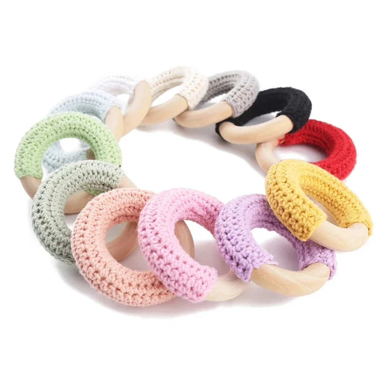 
50MM Wooden Ring Crochet Baby Teether Colorful Teething Rattle Organic Wood Baby Wooden Teether Rings 