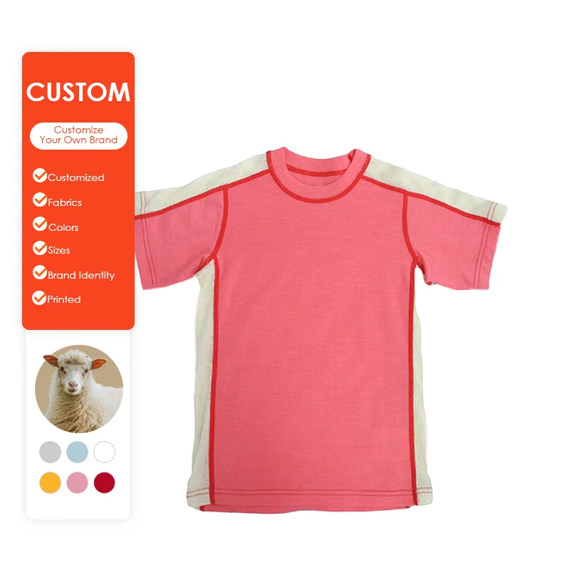 Solarwool Custom Children Clothes Toddler Kids Solid Baby Girls Rock Merino Wool Pink T Shirt