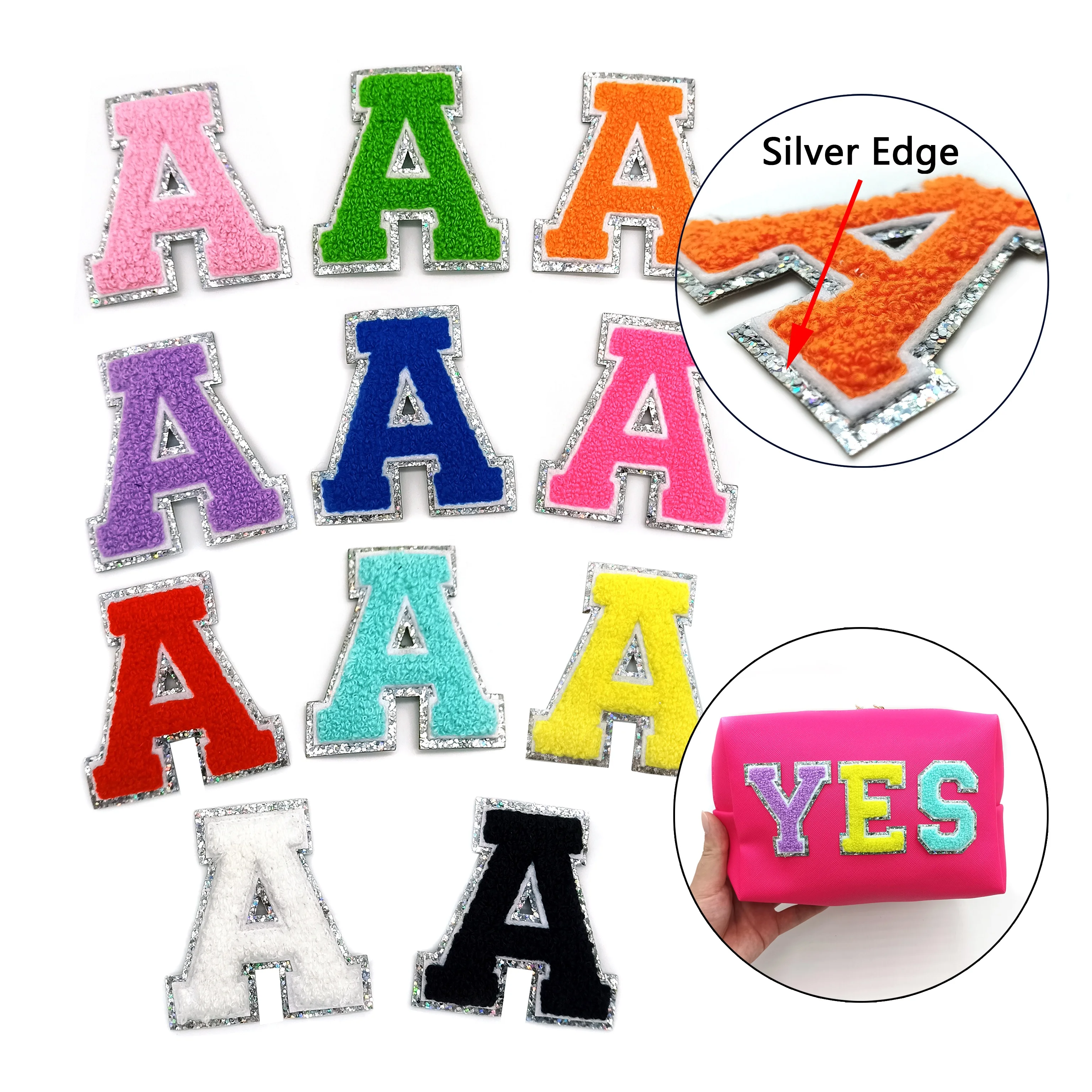 Новинка, оптовая продажа, серебристые блестящие нашивки 6,5 см с вышивкой, нашивки из синели для сумок, шапки для одежды