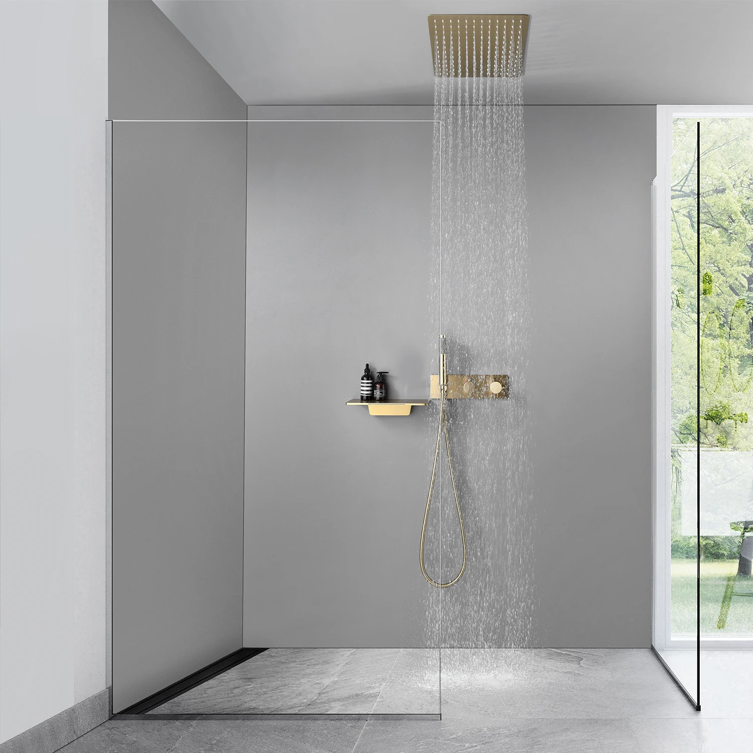 Rainfall Bathroom 3 Function Thermostatic Ceiling Shower Bath Mixers Brushed Gold Concealed Waterfall Shower System For Hotel