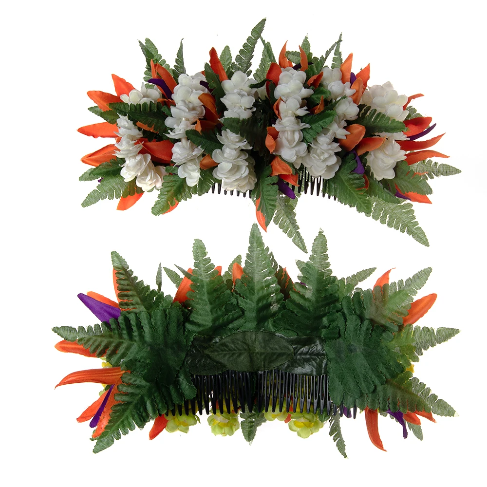 Tropical Bird of Paradise Flower Hair Comb with Pikake Hawaiian Decorated Hair Piece Hawaiian Wear Hair Trinkets Art KN-hc075