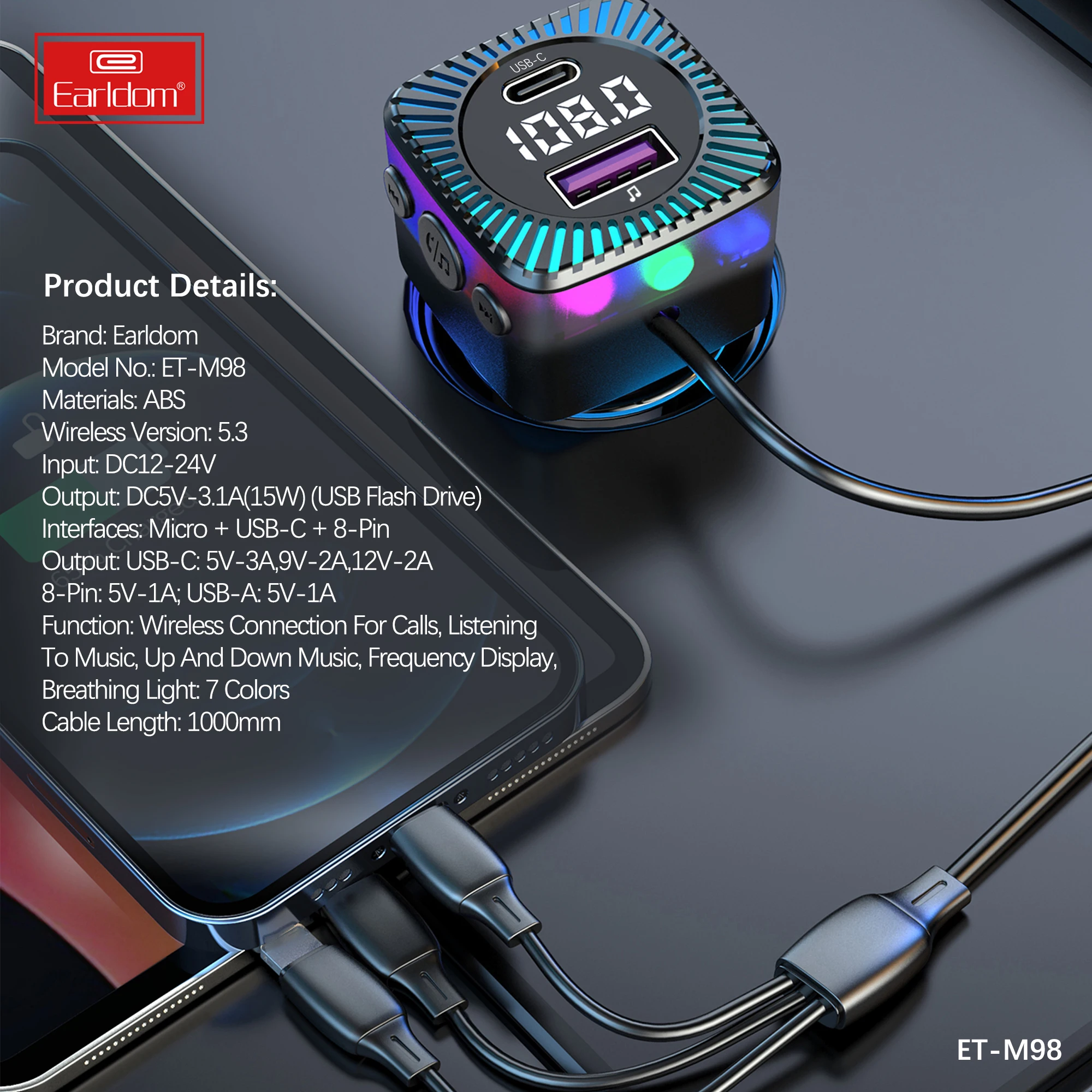 EARLDOM New Car Blue-tooth 5.3 FM Transmitter Dual USB 66W Fast Charger Wireless Handsfree Audio Receiver MP3 Player Car Kit