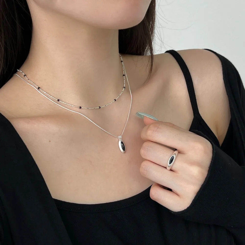 Dylam Simple Design Fashion Fine Women S925 Silver Rhodium Plated Open Adjustable Jewelry Black Onyx White Shell Stone Rings