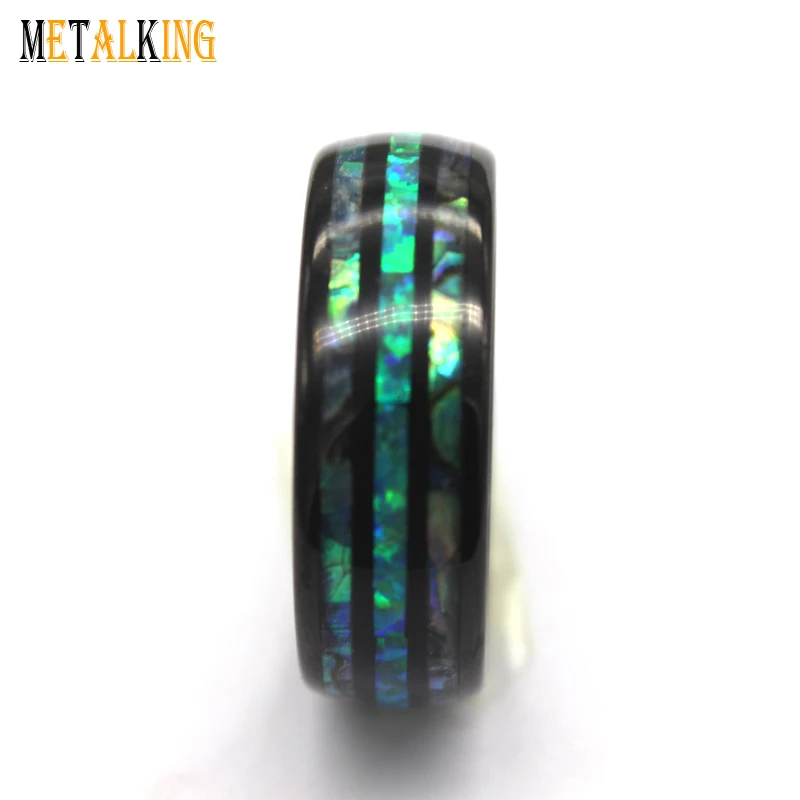8mm Black Tungsten Carbide Ring with Green Opal and Abalone Shell Inlay Comfort Fit