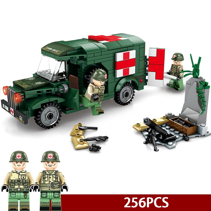 256pcs Steel Empire Military Ambulance Model Building Kits Survival Warfare US Soldier Building Blocks Set Plastic Toys