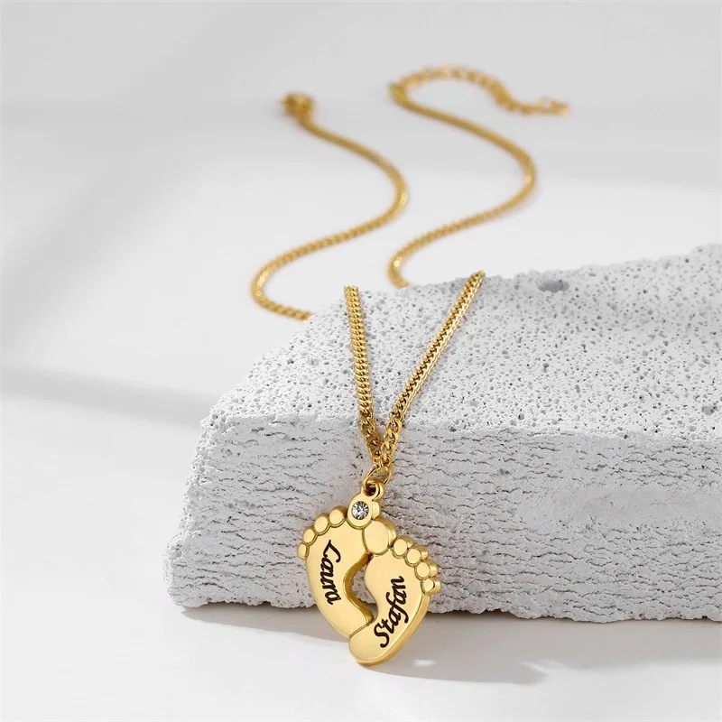 YWLY Personalized Name Engraved Foot print Pendant DIY Custom Stainless Steel Date Letter Necklaces Gift For Girl Birthday