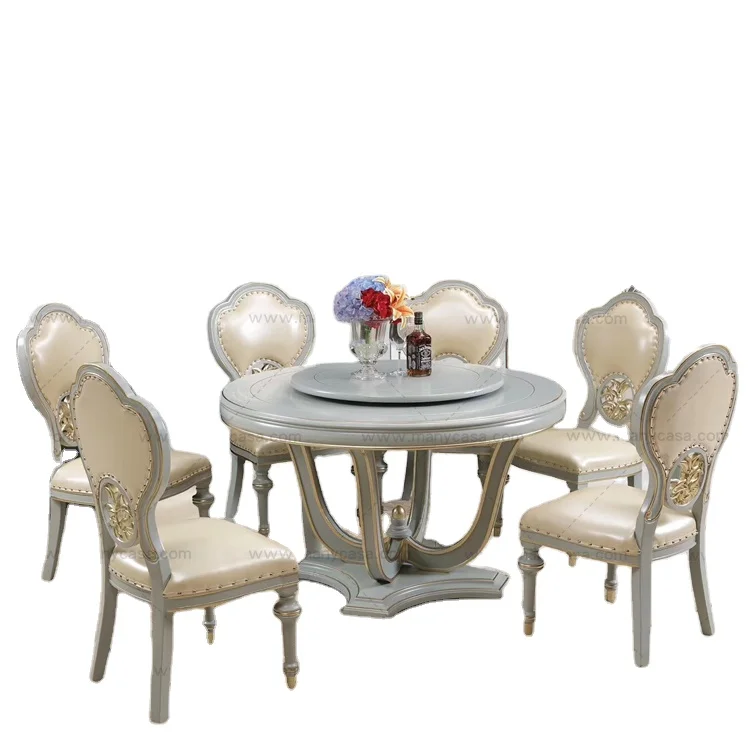 European style dining table and chair combination of modern small family solid wood marble and rotary round table