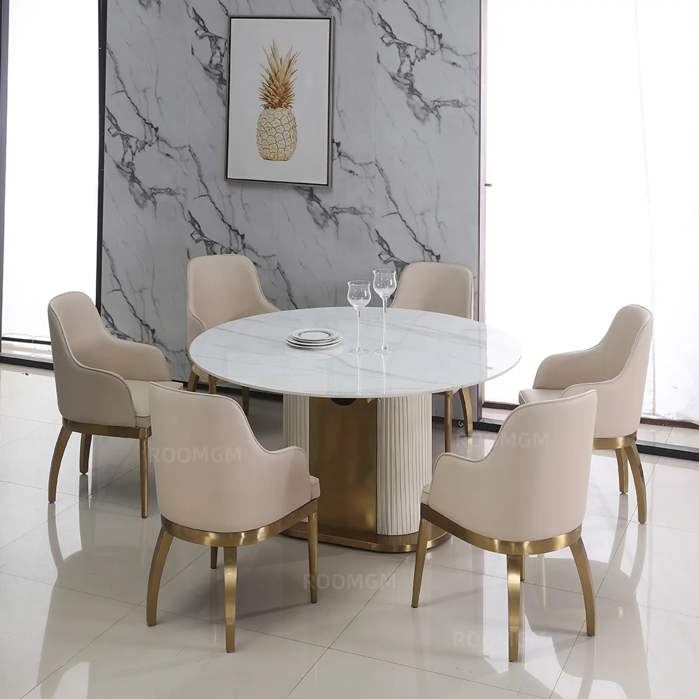 Extendable Oval to Round Sintered Stone Brushed Golden Base Dining Tables and Chairs