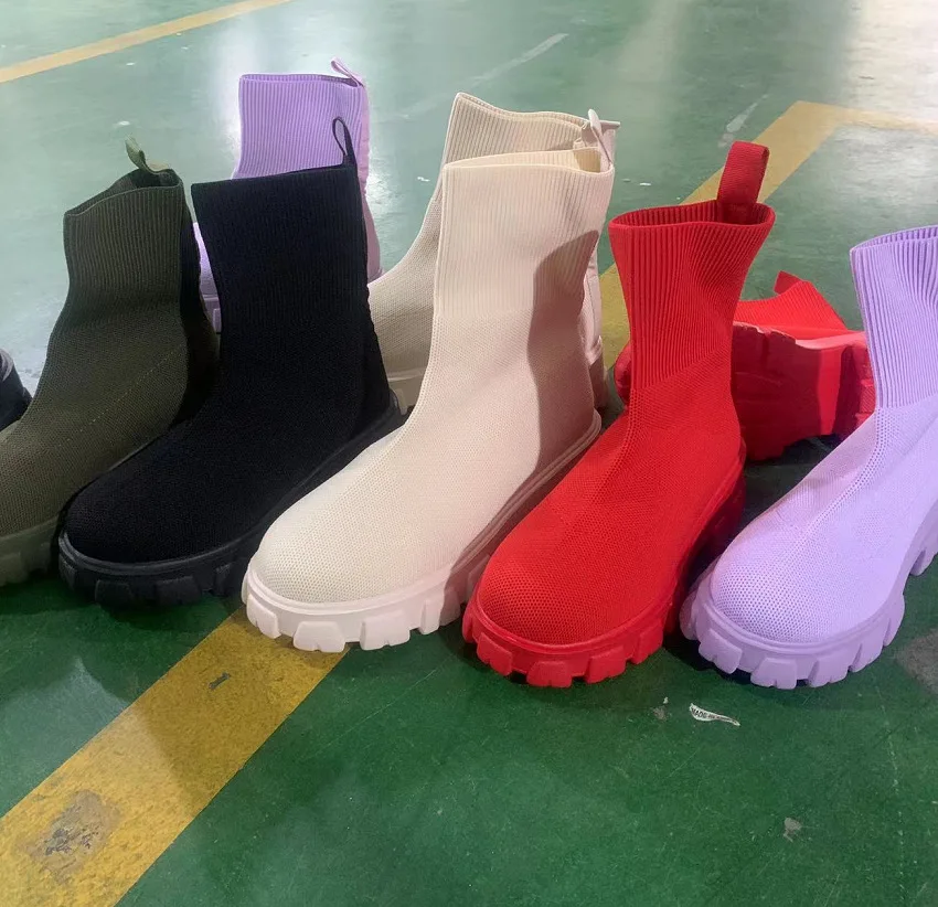 Wholesale Solid Color Ladies Thick Bottom Women Shoes Short Boots Round Toe Chunky Heel Platform Sock Boots