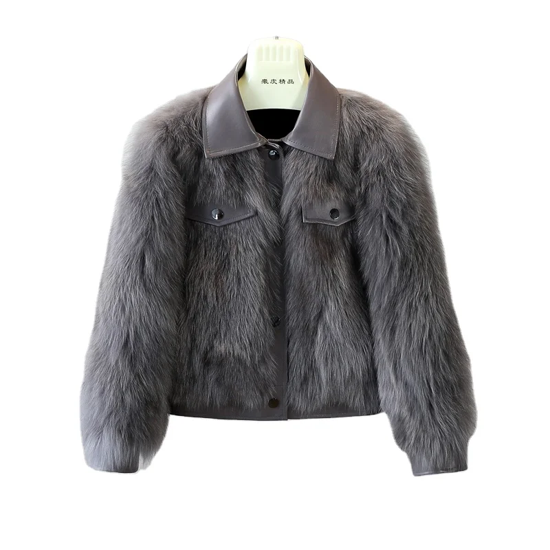 New Korean Cloth Short Real Fur Ladies Jackets Fox Fur Coat Leather Collar Winter Fur Jacket For Women