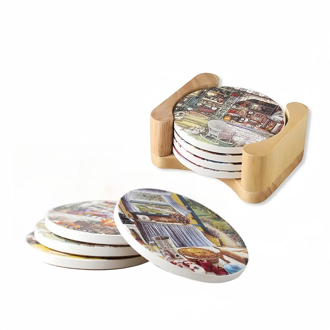 4Pcs/Set Ceramic Drink Absorbent Surface Slip-resistant Cup Mat Mug Stand With Cork Cup Holder