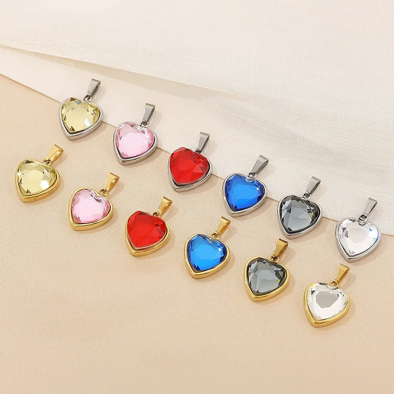 Kalen Charm DIY Blue Pendant Stainless Steel Red Glass Heart Pendant Pink Stone Accessories
