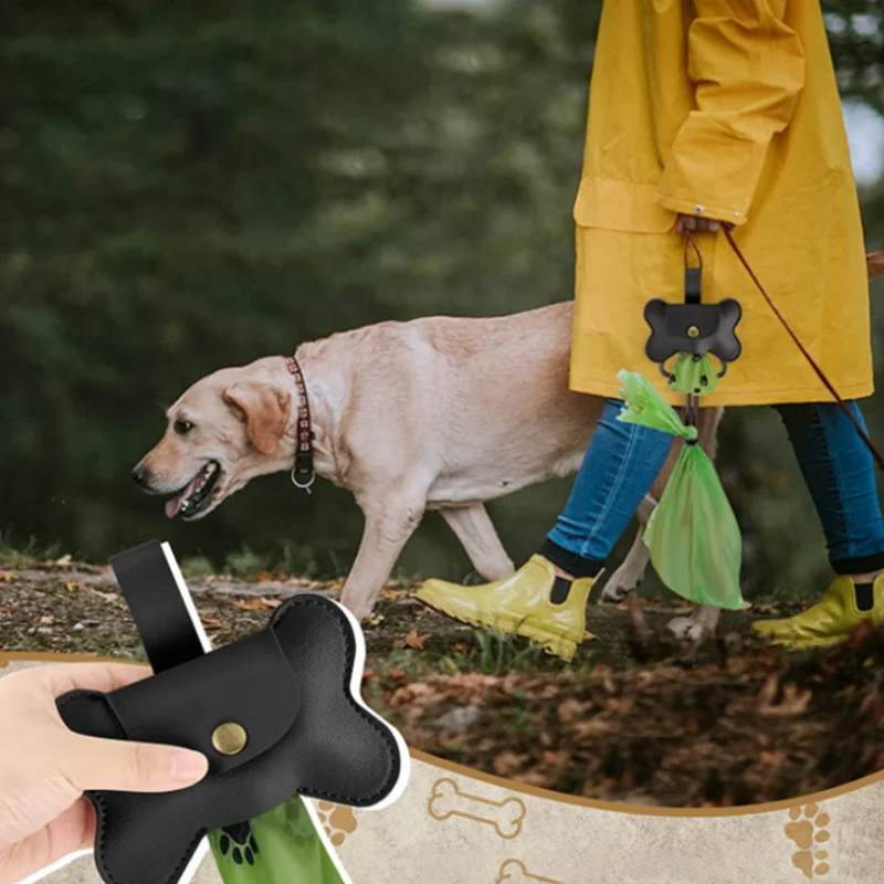 Leather Dog Poop Bag Holder Dispenser With 2 Kinds Leash Clip Stocked Poop Bag Carrier