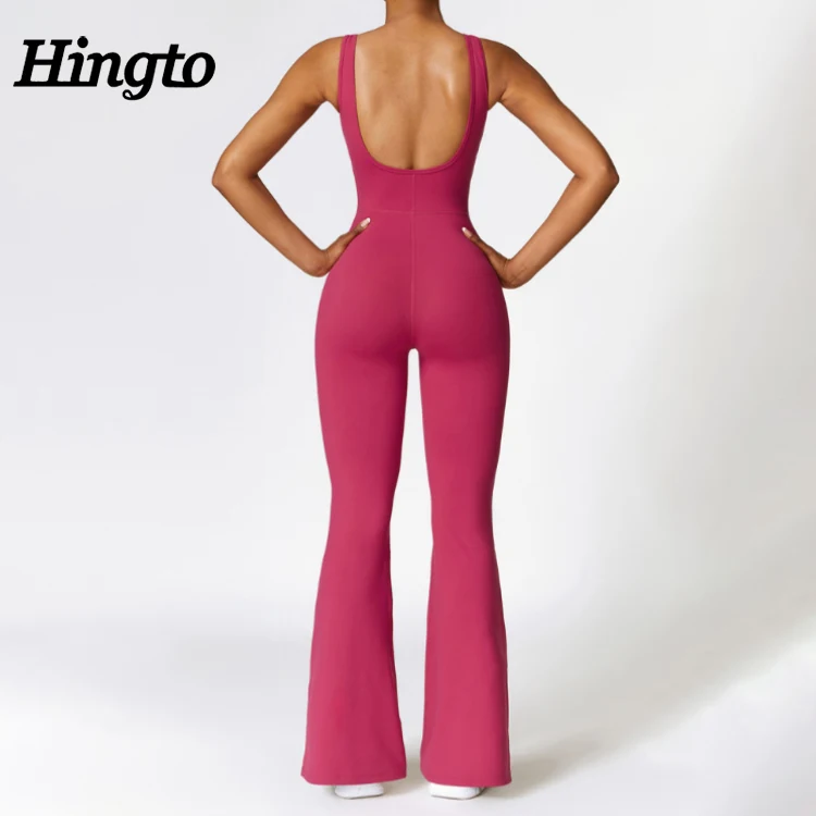 U Back Bodycon Full Length Flare bodysuit For Women One Piece Sport Jumpsuit Women Workout Gym Fitness Casual Yoga Jumpsuits
