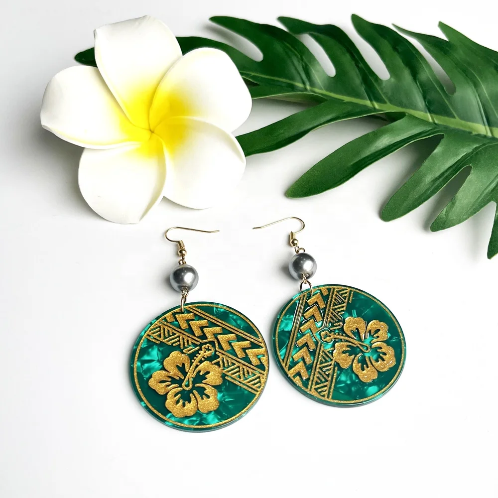 Oceanies Pacific Islander Fashion Jewelry Earrings Acetate Acrylic Earrings with Gold Flowers Tribals Carved Earrings