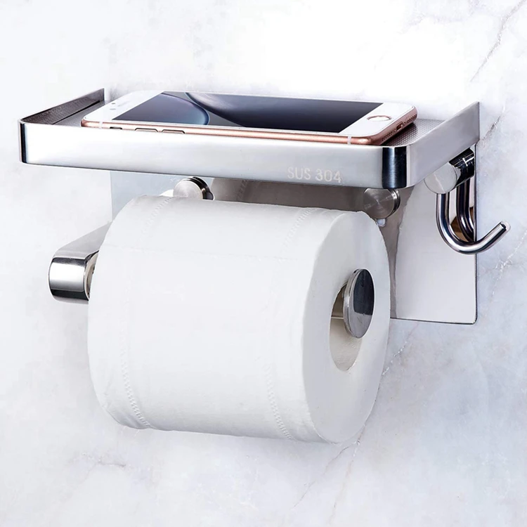 
Luxury Bathroom Accessories 304 Stainless Steel Wall Mounted Modern Toilet Paper Roll Holder with Phone Shelf 