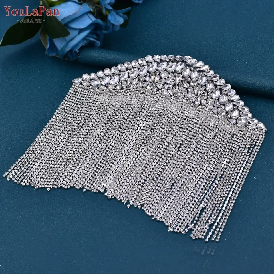 YouLaPan SP48 Shiny Rhinestone Tassel Chain Epaulettes Handmade Iron On Clothes Bags Patch Beaded Bandeau Applique