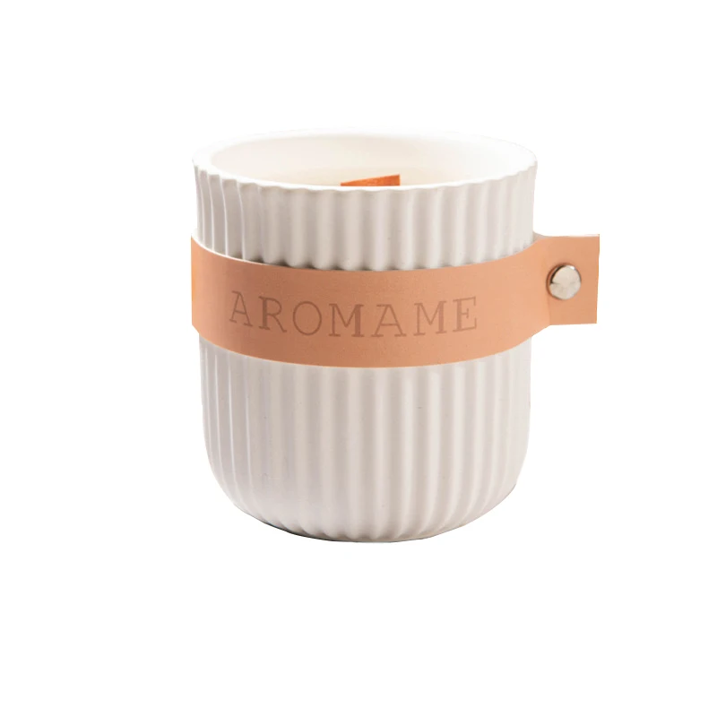 White Wooden Wick Striped Candle Jar Vessel Nordic Design with Custom Leather Handle