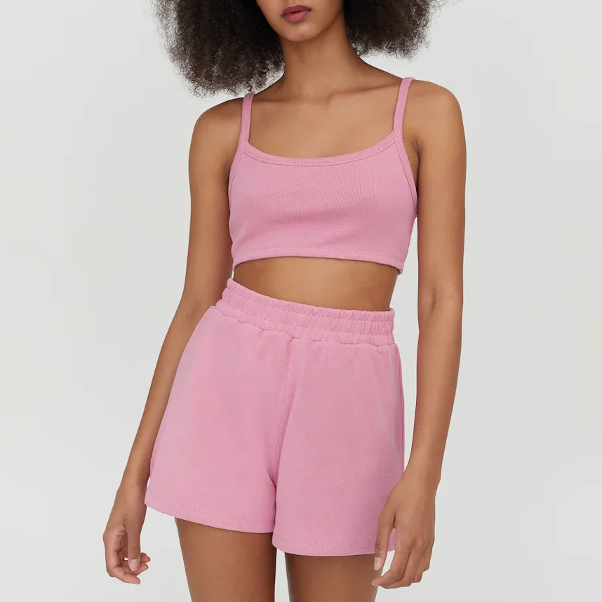 Summer Custom Candy Color Ribbed Knit Loungewear Two Piece Crop Tank Top And Shorts Jogger Set For Women