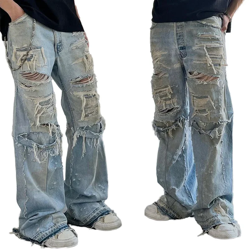 DiZNEW Custom baggy jeans High quality distressed do old fashion wide jeans men