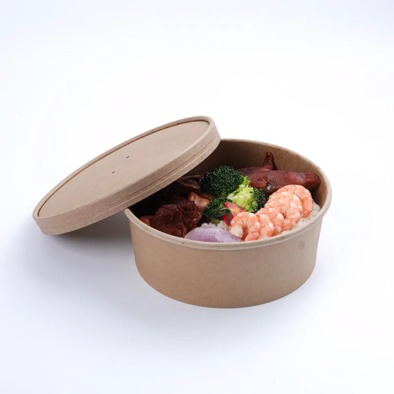 custom kraft paper soup cup bowl with lid disposable take away dessert rice salad noodle packing box container on sale