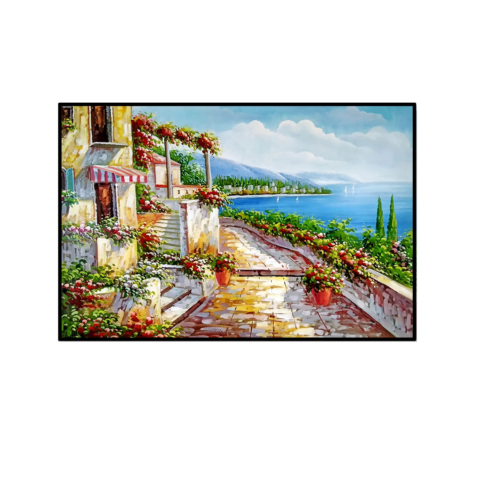 Mediterranean Sea view painting on canvas print custom home wall art