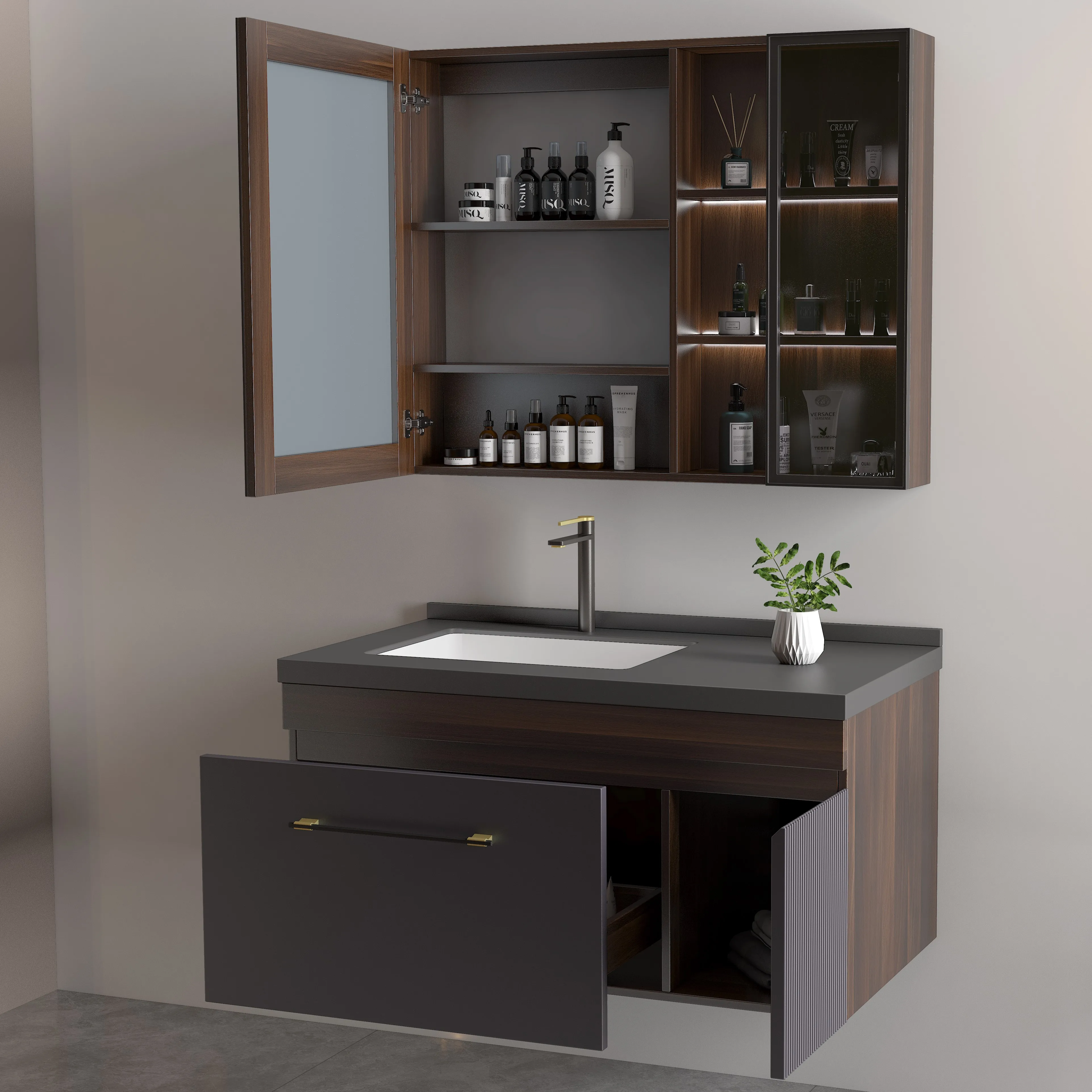 80-90-100 Size Mirror Cabinet Bathroom Vanities Cabinet Bathroom Cabinet Set With Ceramic Sink