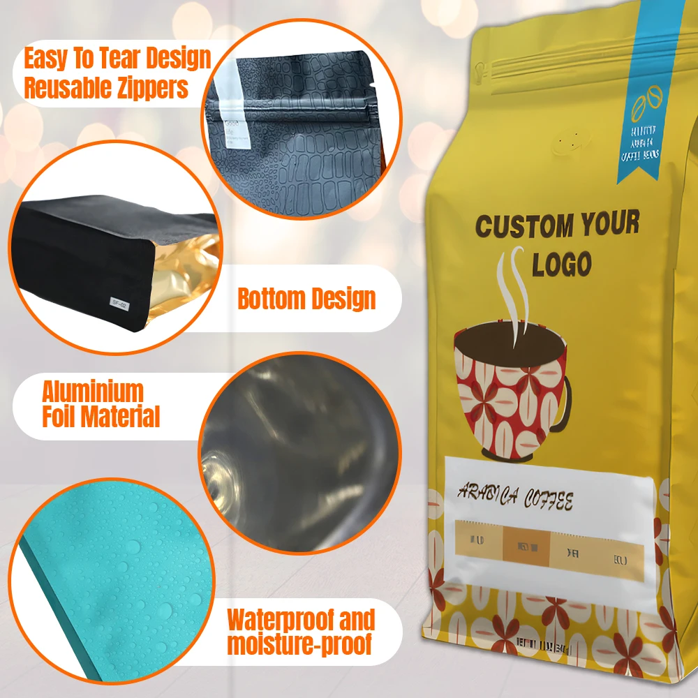 Custom Coffee Packaging Bag With Valve And Zipper Flat Bottom Ziplock Stand Up Plastic Mylar Bag Matte Aluminium Foil Pouch