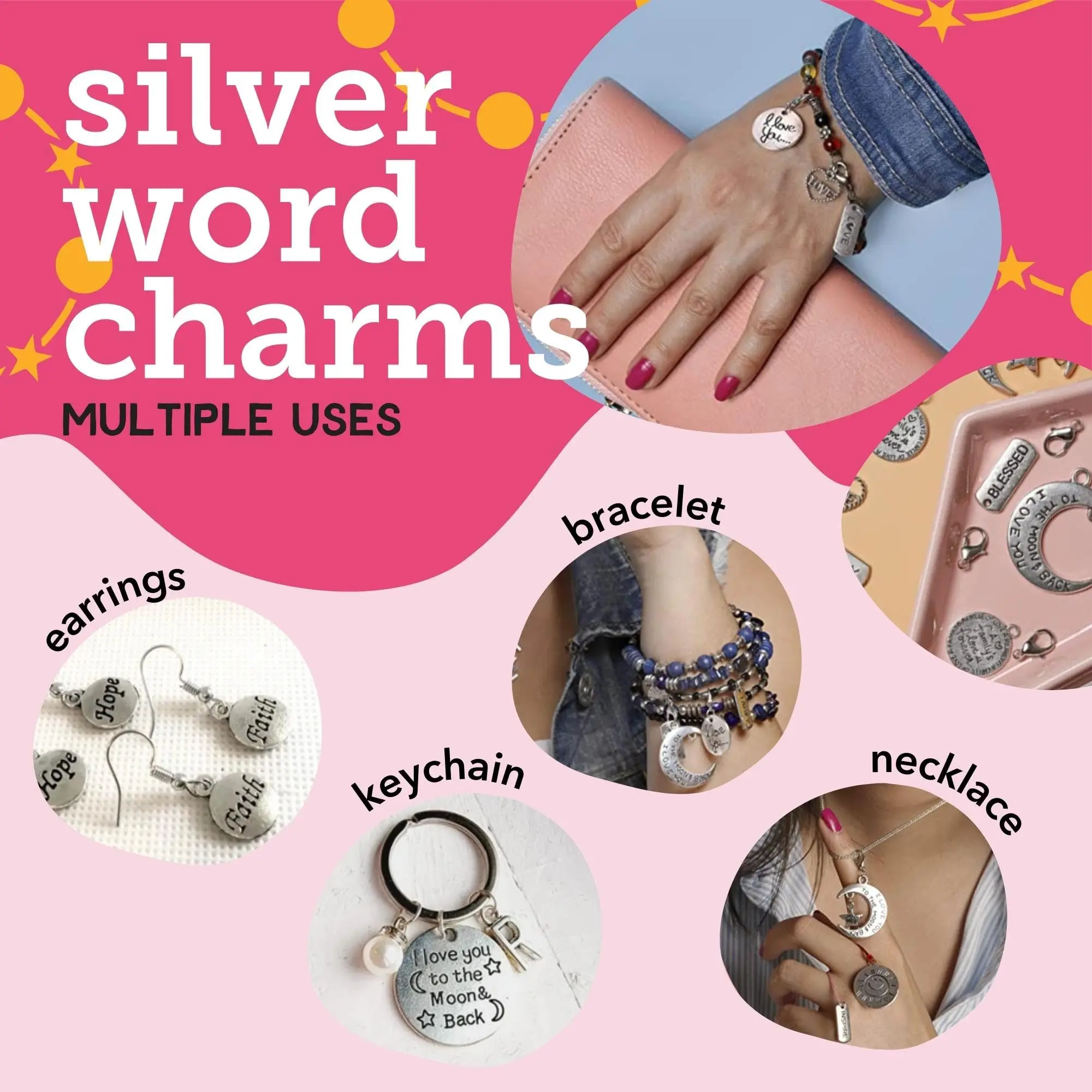 60pcs Silver Word Charms for DIY Craft Bangle & Jewelry Making Designer Set for Bracelet & Crafting Supplies