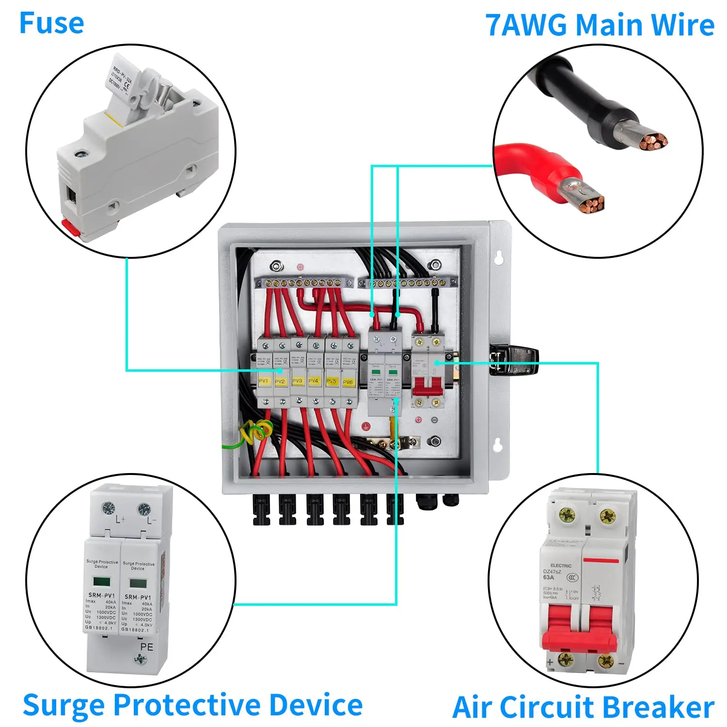 Metal 6 String Solar Combiner Box DC Solar Panel PV Junction 63A Circuit Breaker,IP65 Waterproof Fuse Lightning Indicator Lock