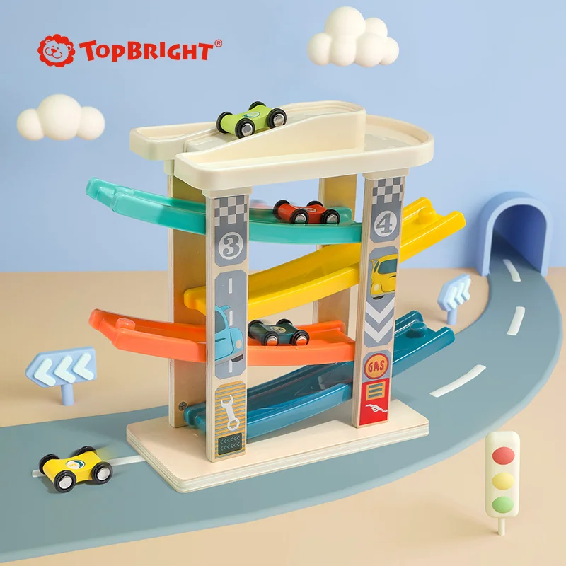 Topbright Educational Wooden Four-track Four Slide Trucks Track Racer kids racing track toy
