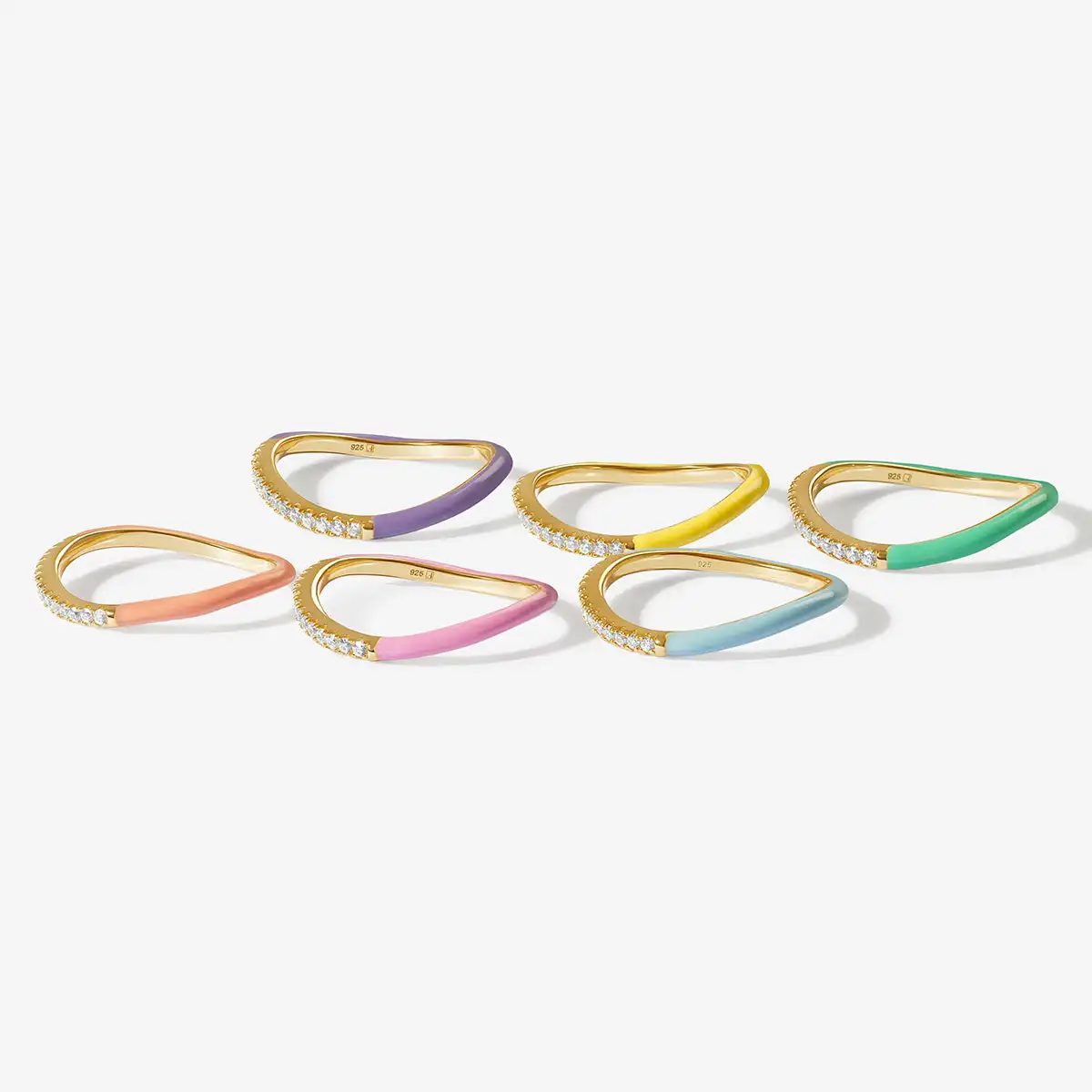 Delicate Gold Plated Fine Jewelry Micro Pave Cubic Zirconia Candy Rainbow Enamel Wave Stacking Ring For Women