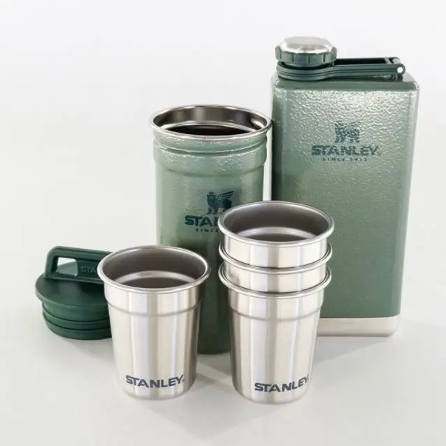 Stainless Steel Shot Glass And Flask Gift Set Outdoor Adventure Pack With 4 Metal Shot Glasses