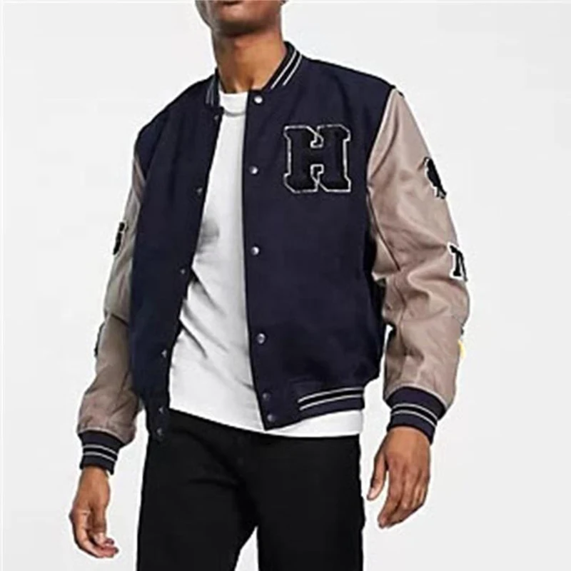 OEM custom oversize color block leather sleeve back embroidery navy color varsities jacket for men