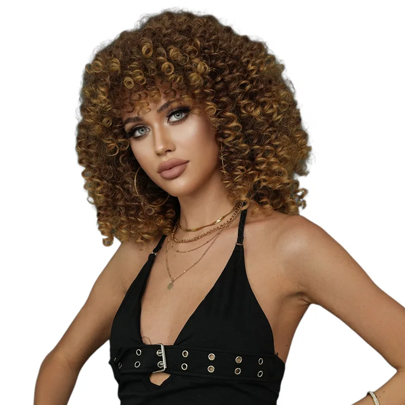 Cross-Border Female African Wig Black Spring Coil Short Curly Hair Honey Golden Brown Bangs Chemical Fiber Synthetic Material