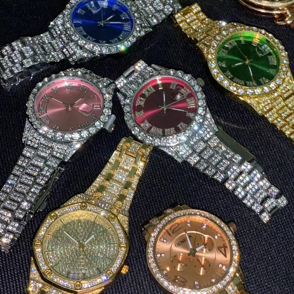 Boutiques Hot Selling Bling Full Of Diamond Ladies Luxurious Wrist Watches Pink Dial Iced Out Shining Quartz Watches For Women
