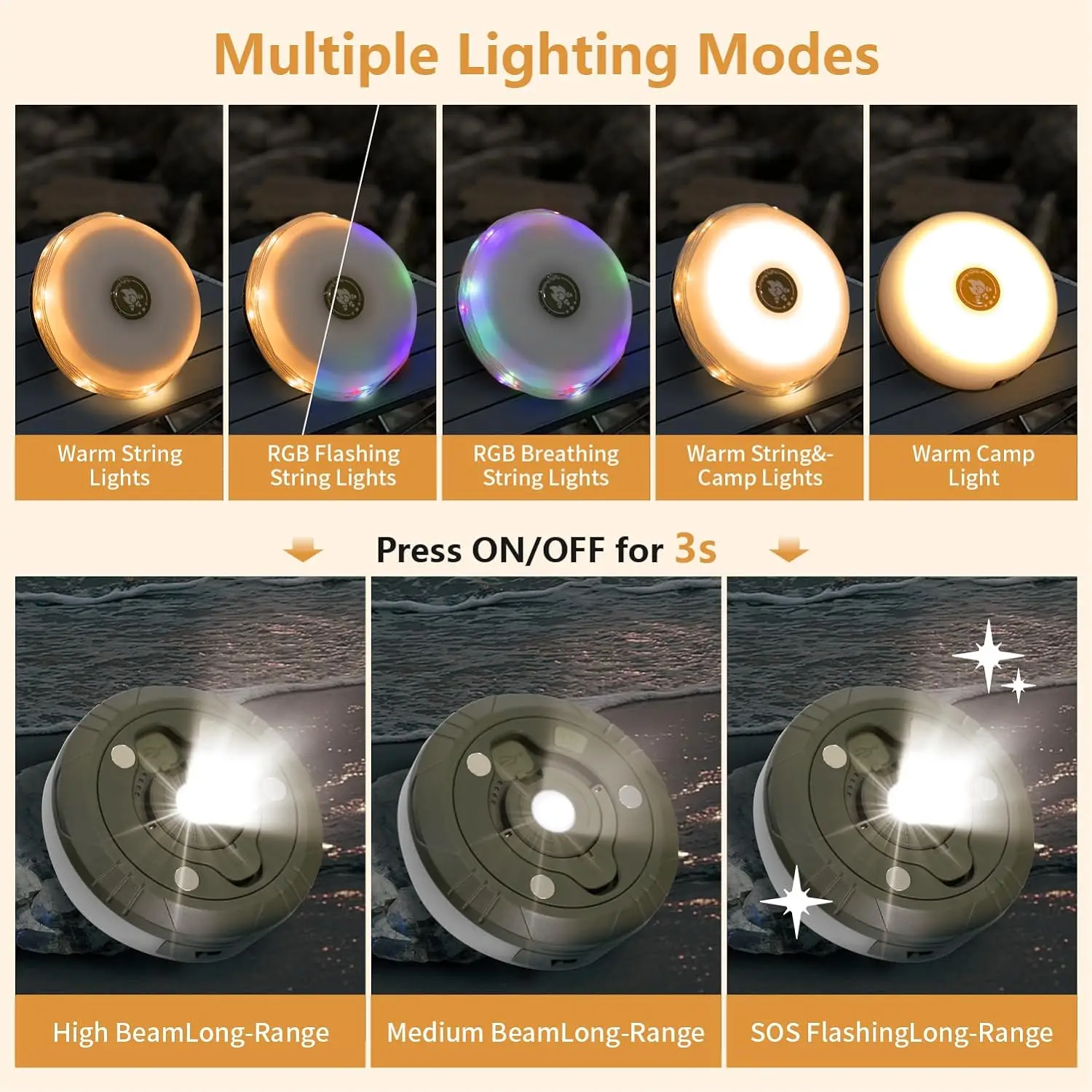 Portable RGB LED Camping String Lights Battery-Powered for Fishing Climbing Diving Outdoors