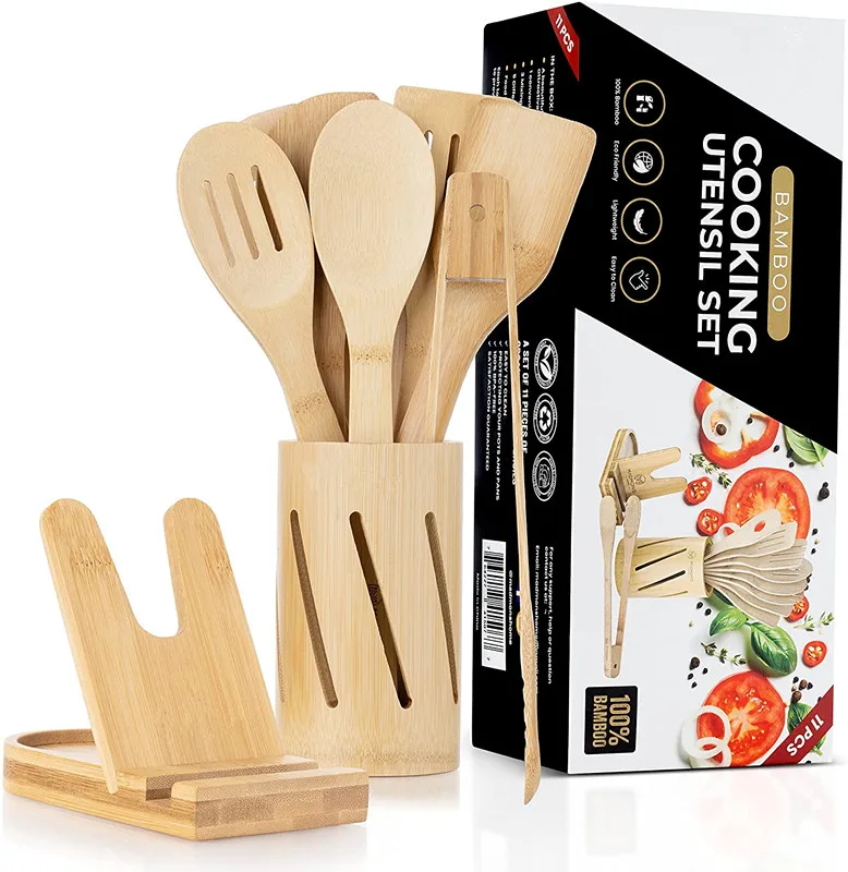 11 Pcs Bamboo Cooking Utensil Set - Natural Non-Abrasive Wooden Kitchen Set Utensil