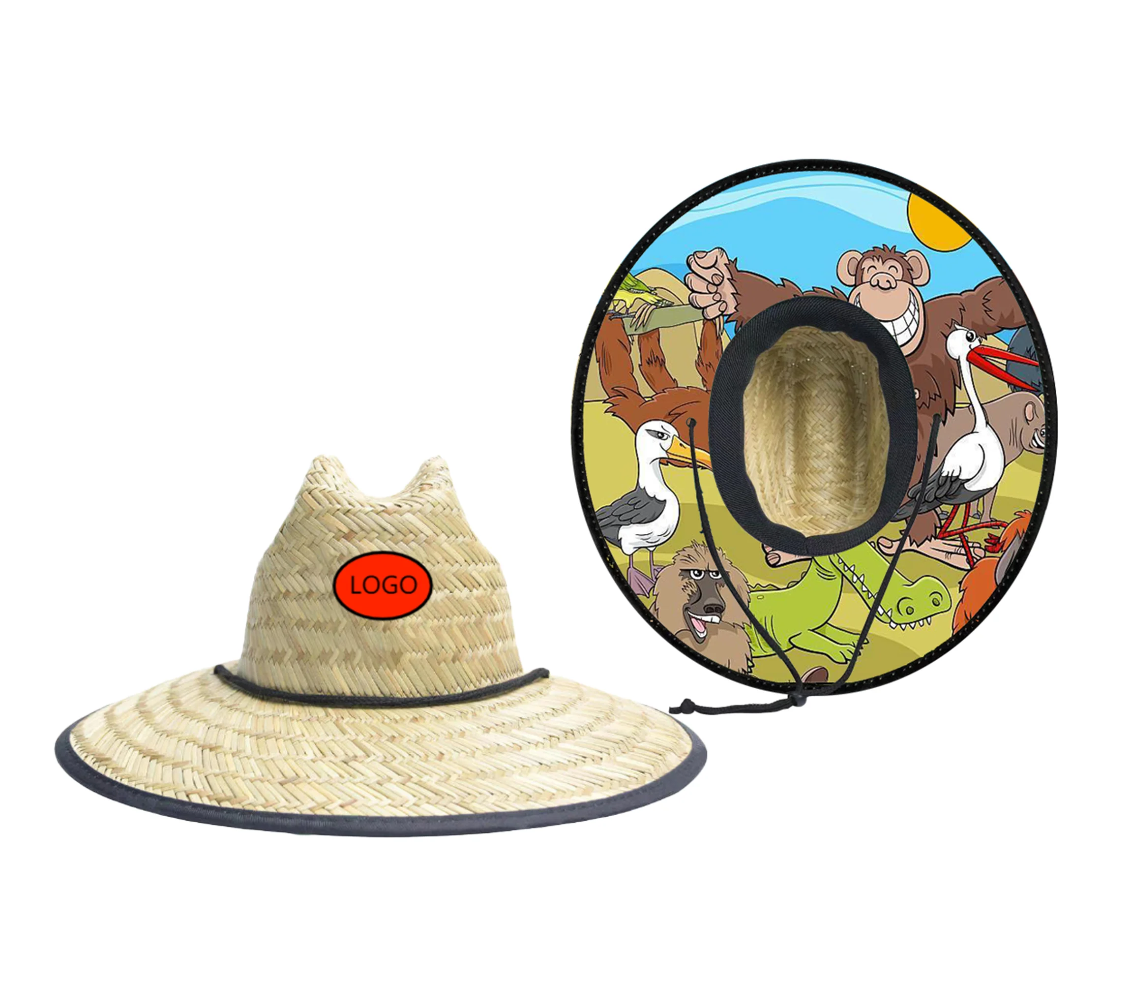 Custom Natural Grass Checkered Racing Flag Uv Protection Kid Lifeguard Safari Surfing Beach Children Straw Hat